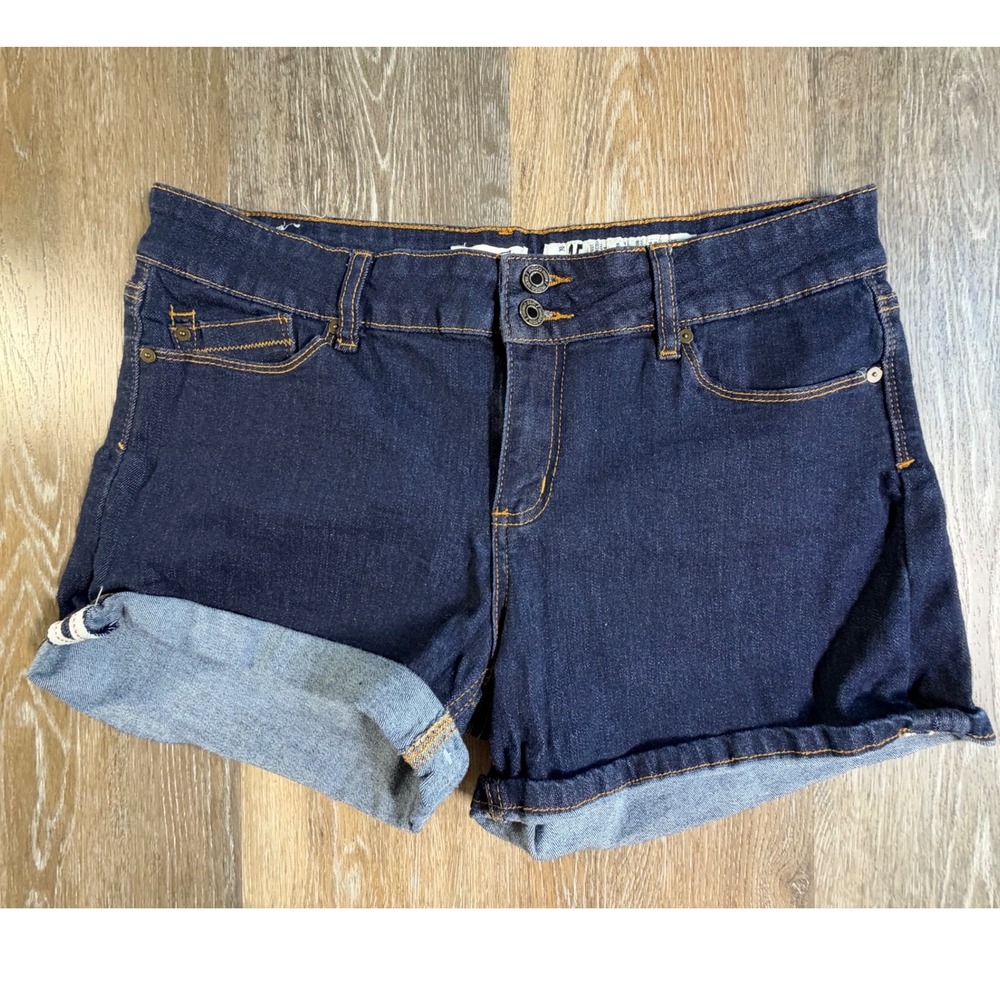 Indigo Rein Denim Shorts Women Size 15 Dark Wash Cuffed Double Button Stretch